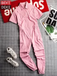 Sweaters Streetwear Fashion Men Hip Hop One Piece Overalls Pink Short Sleeve Jumpsuit Harajuku Joggers Suspenders Cargo Bib Pants Pockets