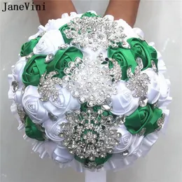 Hochzeitsblumen Janevini Vintage Satin Rose Brautsträuße handgefertigtes grün weißer Kristallperlen mit Band