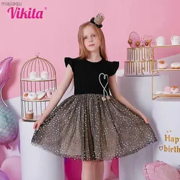 Vestidos de menina Vikita Girls Prom Voil Birthday Party Performance Festival Elegant lantejous Princess Dresses Kids Flare Mesh Mesh Tulle Dressl2404