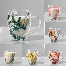 Tumblers 350ml Creative Double Wall Coffee Cup com True Dry Flor Flor de Glass Gift Handle High Borossilicate H240425