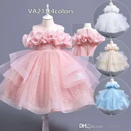 New Kids Clothes Summer Party Dress For Girls Mesh Sequined Flower Pleated Wedding Dresses Performance Baby Childern Princess Tutu Skirt