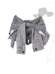Damenshorts Gray Ripped Denim Vintage Koreaner Y2K Harajuku High Taille Wide A-Line Mini Jeans kurze Hosen 2000er Jahre Kleidung