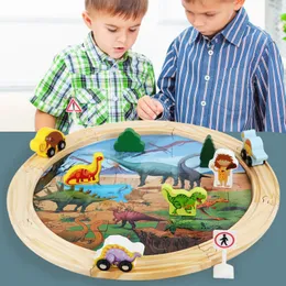 Montessori Early Education Children Jurassic World Dinosaur Legno Race Train Railway Toy