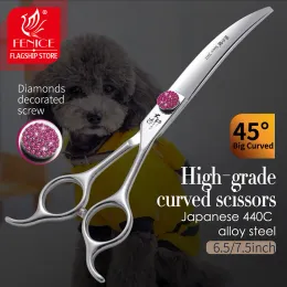 Tesoura Fenice Pink Diamond Screw Pet Super Curved Scissors 45 ° 6,5/7,5 polegadas Tesaria de cães de animais de estimação Aparando o cisalhamento para esteticistas de animais de estimação