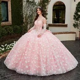 ثياب Quinceanera الوردية قبالة حبات القوس الدانتيل الكتف Tull Sweet 16 Dress Mexican Prom Downs 2024 Vestidos 15 de XV Anos