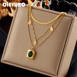Pendant Necklaces DIEYURO 316L Stainless Steel Drop Square Green Zircon Necklace For Women Trend Girls 3in1 Chains Party Jewelry Gifts