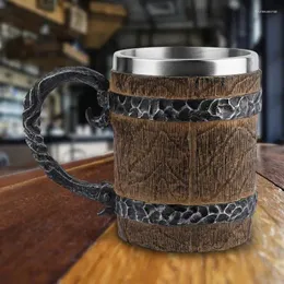 Mugs 450ml Beer Mug Viking Wood Style Coffee Cup Double Wall Resin Stainless Steel Goblet Game Tankard For Christmas Gift