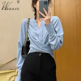 Рубашка Cross Brap Design Vneck Blouses Корейская мода Slim Рубашки Женщины твердый цвет с длинным рукавом High Street Tops