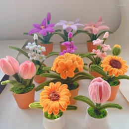 装飾的な花ねじれたスティックバーステム鉢植えての手作りの人工ひまわりチューリップブーケハンドニッティングバレンタインデーギフト