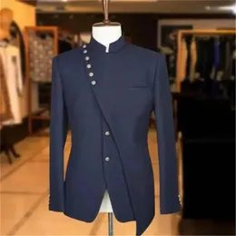 Herrdräkter mode marinblå manlig blazer en bit senaste design stativ krage singel breasted coat smal högkvalitativ elegant fast jacka