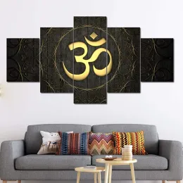 5ピースブラックゴールドom仏教シンボルキャンバスプリント抽象的な伝統的な宗教ポスターとリビングルームの装飾のためのプリントフレームなし