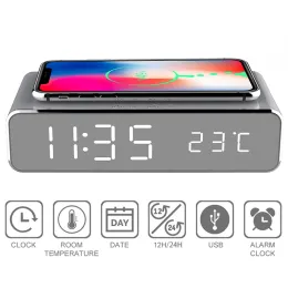 Clocks New Electric LED Alarm Clock With Mobile Phone Wireless Charger HD Clock Mirror With Time Memory Digital Thermometer Clock