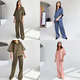 Solid Hiloc drop ärmar PAMA Turn-Down Collar 2 Piece Set Women Pamas With Pants Spring Deep V-Neck Sleepwear Satin 220329 S 039