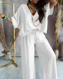 Summer White Two Piece Set for Women V Neck Bat Sleeve Top Casual Loose Spets Up Wide Ben Pants 2 Passar Home Outfits Womens 240420