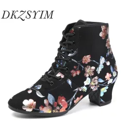 Boots DKZSYIM Black Flower Dance Shoes Ballroom Boots Tango Latin Modern Women Oxford Cloth LaceUp Practice Dance Shoes Heels 3.5/5cm