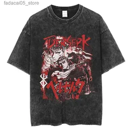 メンズTシャツメンズアニメの凶暴なTshirtブラック100％コットンTシャツガッツレトロTシャツY2Kショートスリーブシャツ夏Q240425