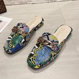 Slippers Summer Women Snake Prints Chain Mules Slide Square Toe обувь классическая модная обувь Pantuflas de Mujer