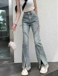 American Split Jeans Women Pink Bandage High Waist Irregular Spliced Denim Pants Zipper Fly Trousers Y2k Pantalon Femme 240423