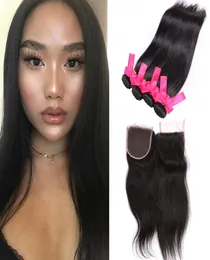 Pacotes retos brasileiros 4pcs com fechamento 7a Virgin Remy Hair Human Human Indian Malaysian peruano Extensões de cabelo baratas