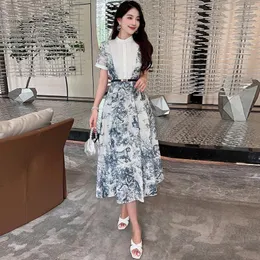 2024 Summer New women's sexy dress Designer stand collar print patchwork ink printing big swing dress