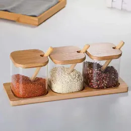 Recipientes de armazenamento de alimentos Jarro de tempero de vidro de 3 peças com colher de tampa de bambu e bandeja de armazenamento Salt Sugar especiarias alimentos Máquina de cozinha de cozinha H240425