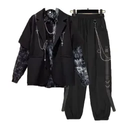 CAPRIS Höst 2024 Kvinnokedjorlastbyxor+Chian Blue+Chain Vest Women Streetwear Harajuku 3 Piece Set för Women Pants