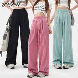 Maternity Bottoms ZOENOVA Harajuku Street Fashion Womens Ice Silk Thin Casual Trousers 2024 Summer New Elastic High Waist Straight Wide Leg PantsL2404