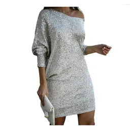 Casual Dresses Solid Color Tight Pitting Dress Women Formal Sequined Shiny Sequin One Shoulder Evening For Slant Neck Three