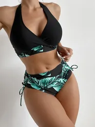 2024 Summer Leaf Pattern Women Swimsuit Halter Bandage Bandage Bikini Set di binari senza schienale Swimwear High Waist Push Up Bathing Abita 240417 240417