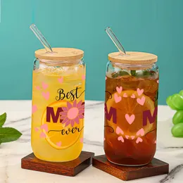 Tumblers 1pc Anneler Günü Hediye Bambu Kapak ve Kahve Suyu İçecekler İçin Saman Kupası ile Açık İçme Camı