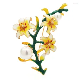 Brooches Wulibaby Lovely Pear Blossom Flower for Women Unisex Pearl Enamel 아름다운 식물 파티 사무실 브로치 핀 선물