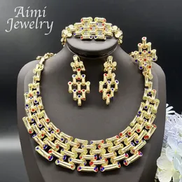 Desgaste diário italiano 18k Gold Batingy Jewelry Conjunto de colar de corrente colorido Brincos de pulseira Anel Africa Bridal Wedding Party Gifts 240424