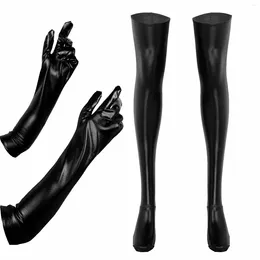 Party Supplies Women Shiny Metallic Wet Look Patent Leather Long Gloves With Strumpor Dancing Cosplay Fancy Ball Costume Accessories