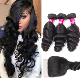 Remy Brazilian Hair Natural Color Body Wave Loose Wave Deep Wave Kinky Curly 3 번의 번들 레이스 클로저 100 Human Hair E3865231