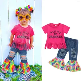 Kleidung Sets Girls Loch Set Denim 2pcs Ernte Kinderkind Outfits Kleidung Tops Brief zweiteil für Teen School 5 Geschenk