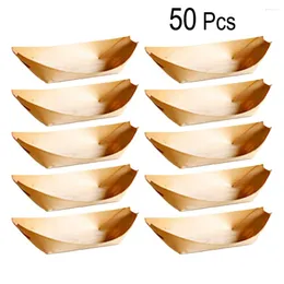 일회용 식기류 50 pcs 나무 트레이 대형 천연 자작 나무 서빙 보트 접시 식품 간식 니블 ​​(6x4x2cm)