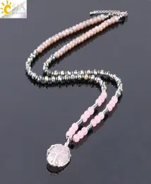 Collana per maglione CSJA Chakra per donne Natural Pink Rose Quartz Crystal Crystal Drop Pendant Gemstone Collane Tree of Life Jew4946893