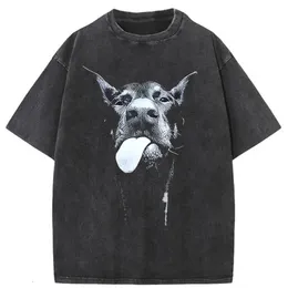 Men Gothic Letter Dog Printed TShirt Hip Hop Streetwear Punk Summer Vintage Washed Oversized T Shirts Tops men clothing 240418