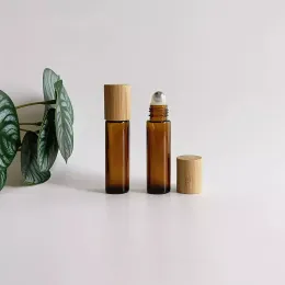 Bottles Wholesale Empty 10ml Round Amber Glass Eaaential Oil Roll On Bottle With Steel Roller Ball Bamboo Lid Refill Cosmetic Container