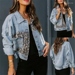 Women's Jackets Leopard Patchwork Jean For Women Clothing Outerwear Fashion Pockets Slim Denim Coat Female Autumn Top