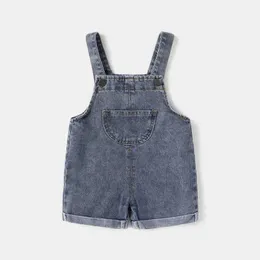 Rompers Summer Cool Denim Blue Children Baby Boys Girls Clothes Overalls Roll Hem Design Kids Baby shorts Jumpsuits H240425