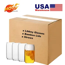 US CA Warehouse Oz Libbey pode copo de vidro com tampa de bambu e canudos copos de cerveja personalizados para leite de café gelado