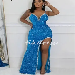 Shine Blue Sequin Prom Promes с Spit Sexy Spistly Romaid Plus Size African Evening Dress Spaghetti Braps Формальное танцевальное платье шестнадцать по случаю дня рождения 2024