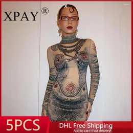 Lässige Kleider 5pcs Großhandel Großhandel Massenartikel gedrucktes sexy Mesh durchsichtigen für Frauen 2024 Herbst Langarm Elegantes hübsches Kleid Y2K X12777