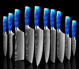 Kök Knife Set 10 Pieces Chef Knife Professional Japanese 7CR17 Rostfritt stål Laser Damascus Kniv Sharp Santoku Blue Harts H9026395