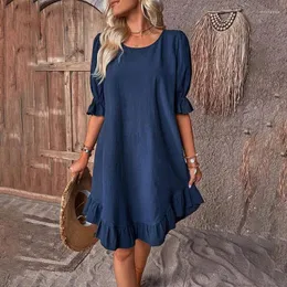 Party Dresses Summer Women Dress Loose O-Neck Solid Cotton Linen Half Sleeve Casual Office Beach Ruffles Vestidos White Kak