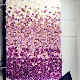 Dekorativa blommor Spr 2.4m 3m Silk Bröllop Lila ombre blommvägg Bakgrund Konstgjord rad och bågflore