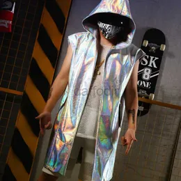 Stage Wear Nightclub Men PU Leather Silver Hooded Sleeveless Cloak Gogo Dance Costume Rave Clothes Bar Stage DJ Costumes Singer Long Suit d240425