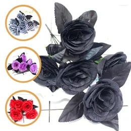 Dekorativa blommor 1st Halloween Policy Black Rose Artificial Plants Bouquet For Diy Wedding Party Family Christmas Room Decoration