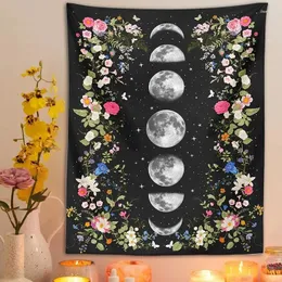 Tapestries Botanical Moon Phase Flower Tapestry Bohemian Floral Bedroom Wall Hanging Mandala Carpets Living Room Dorm Decor